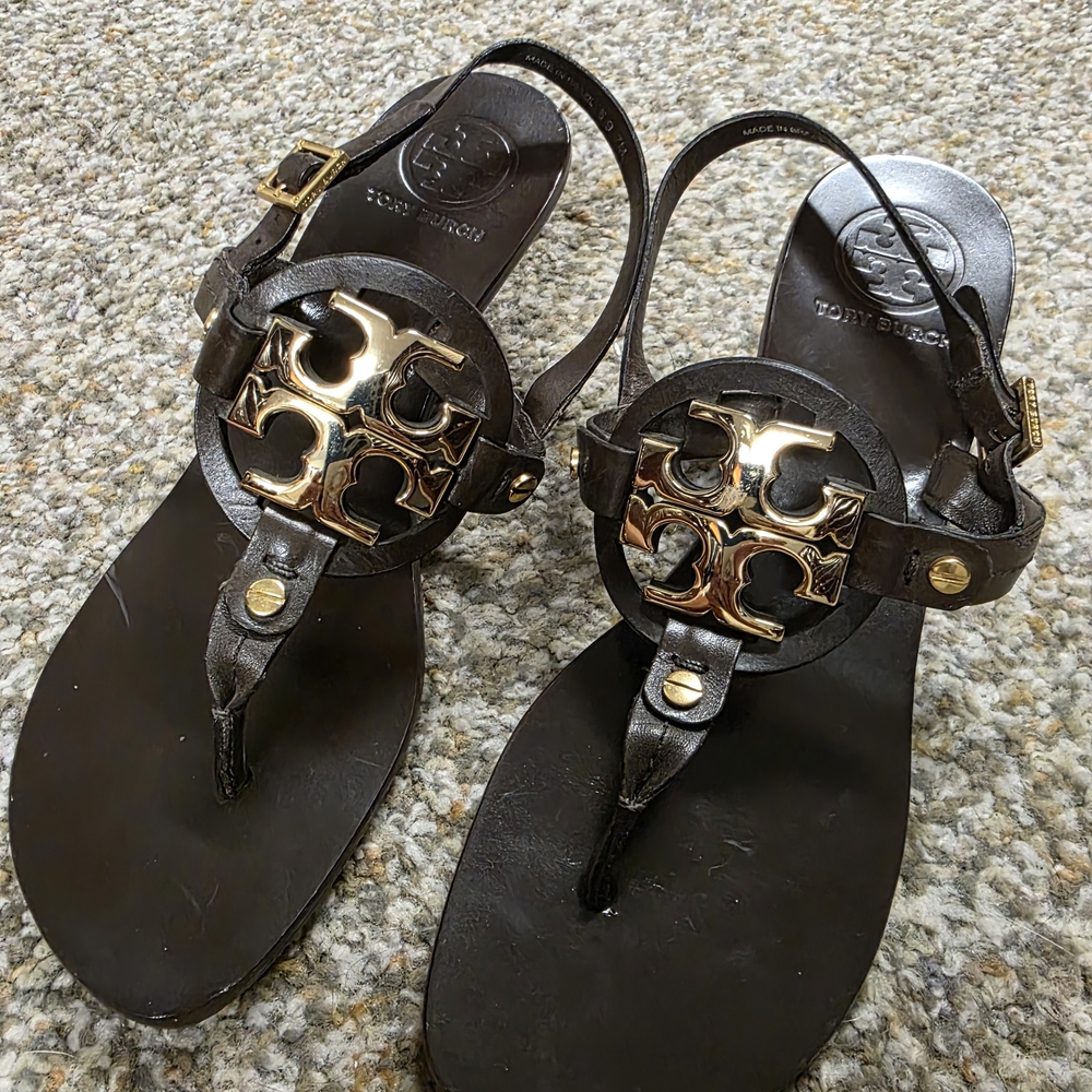 Tory Burch Black Sandals with Gold Accents - Picture 2 of 4